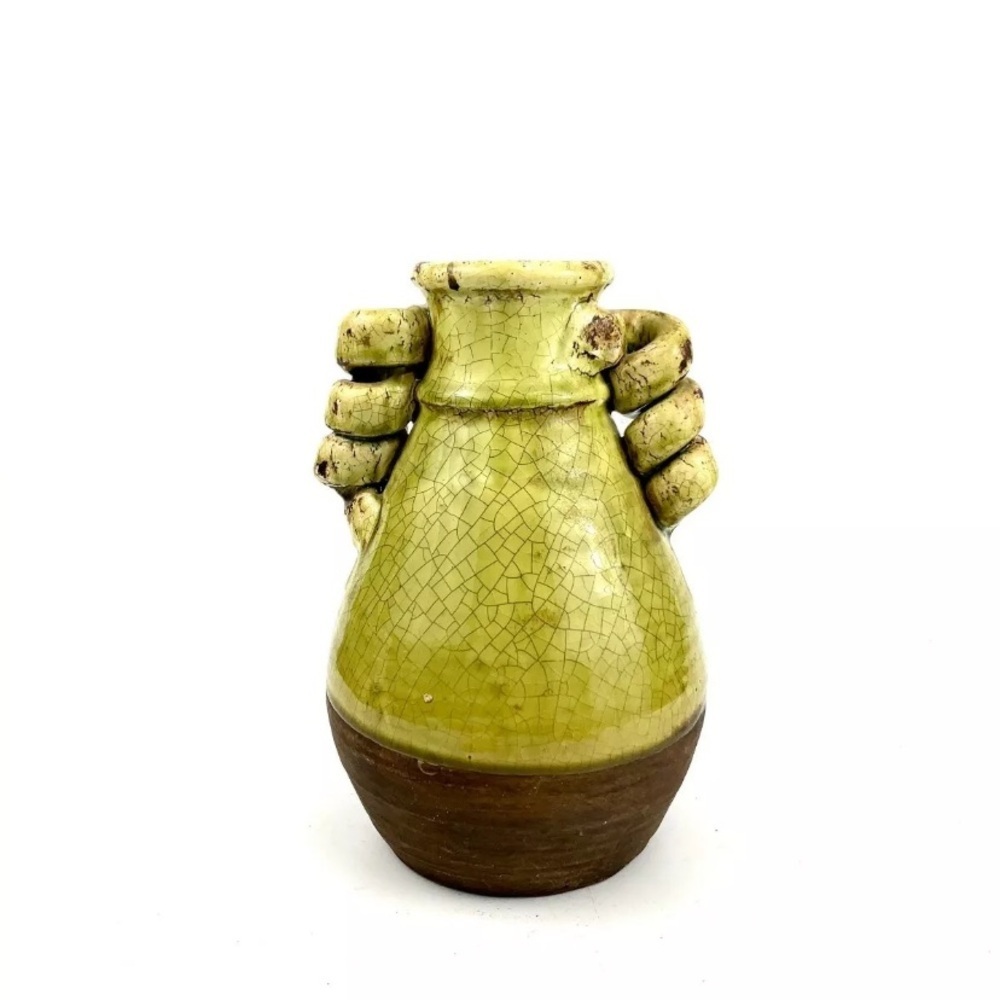 Vase in green colour with curl handle unique mid century pottery home decor